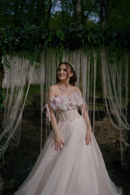 Romantic Blush Tulle Wedding Dress with Floral Bodice