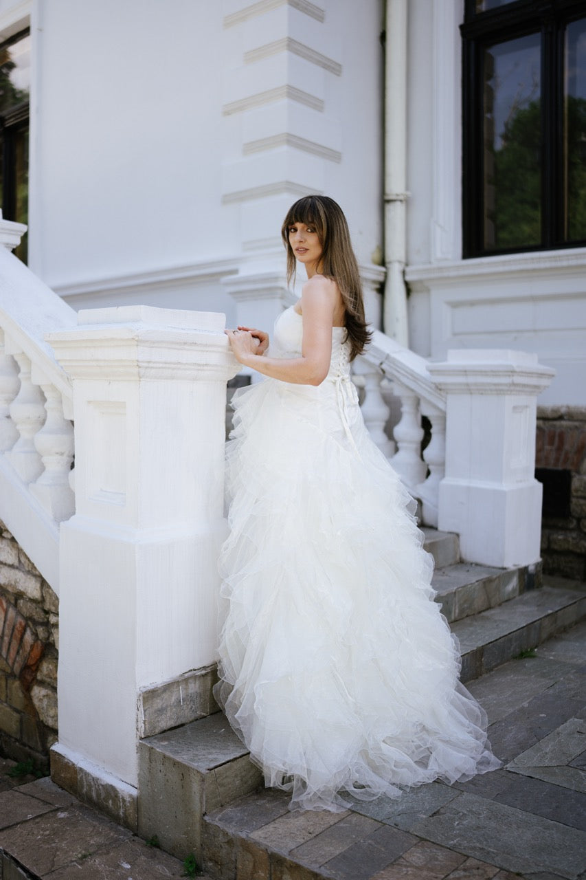 Strapless Organza Wedding Dress with Cascading Ruffles
