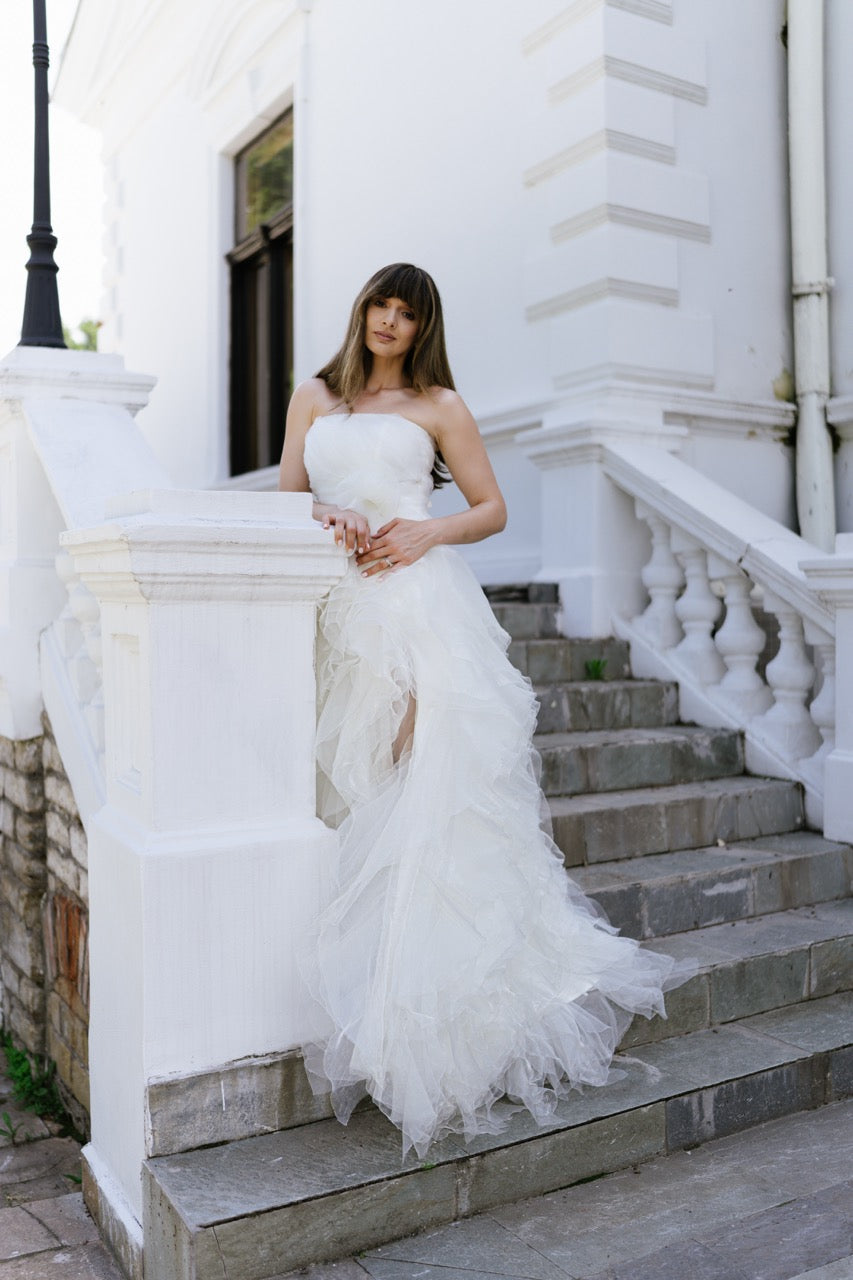 Strapless Organza Wedding Dress with Cascading Ruffles