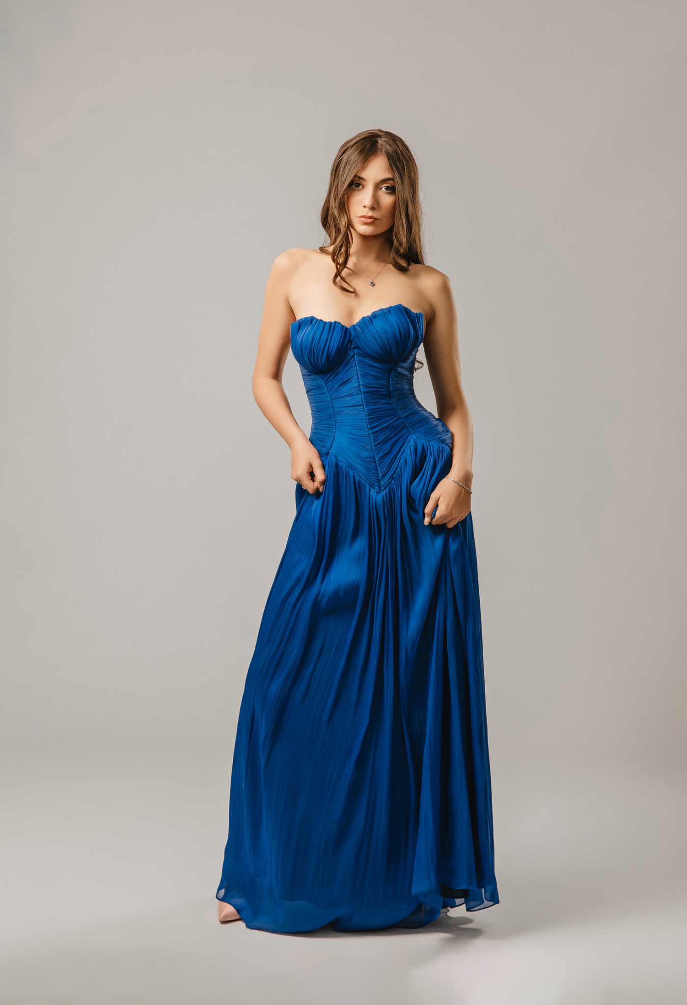 Blue Evening Dress with Draped Corset and Coated Finish