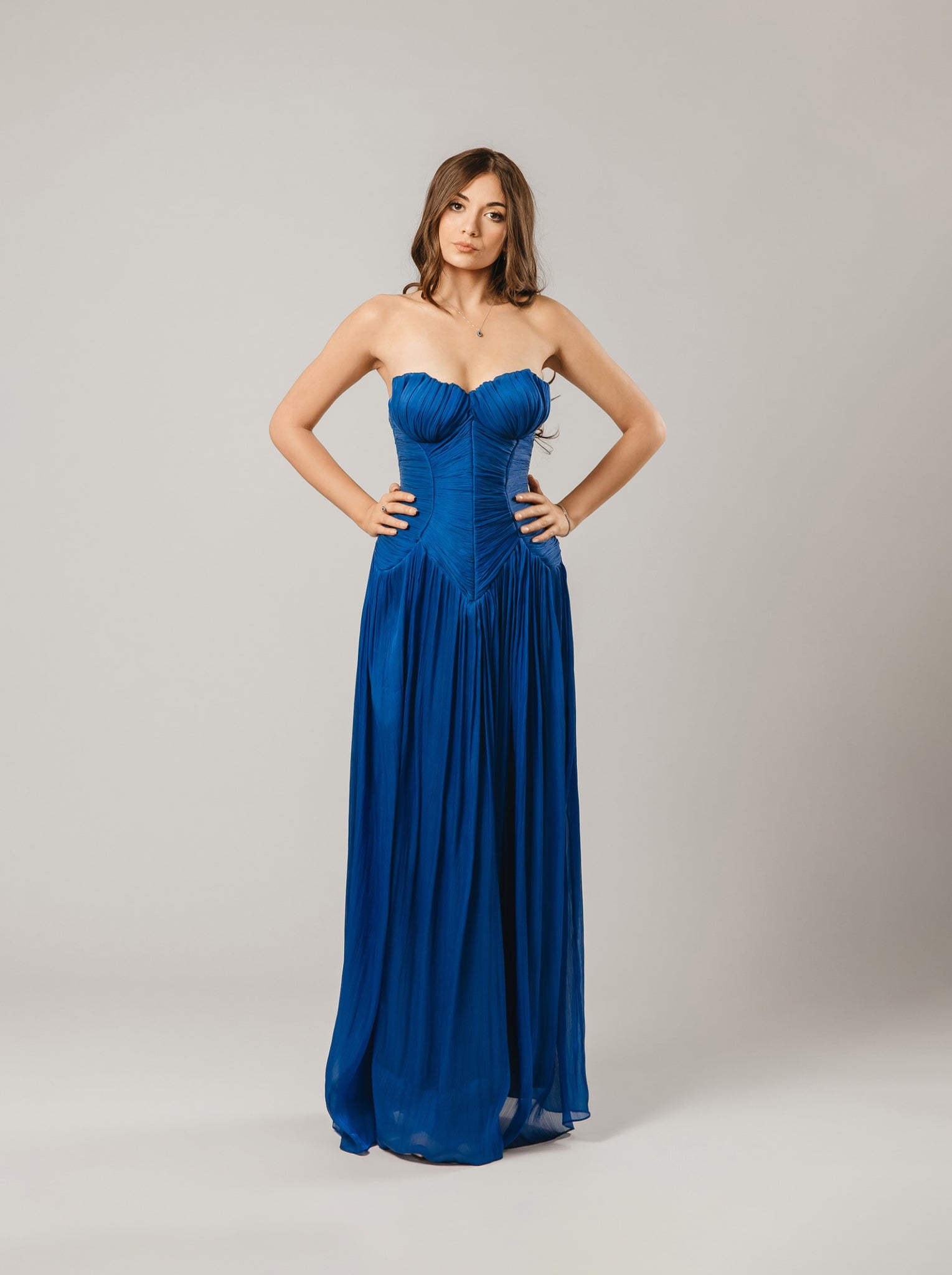 Blue Evening Dress with Draped Corset and Coated Finish