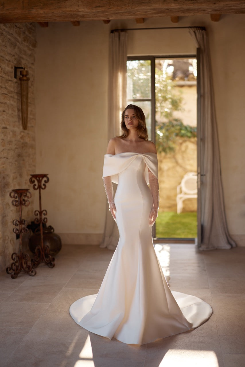 Daphne Off-Shoulder Satin Mermaid Wedding Dress with Train