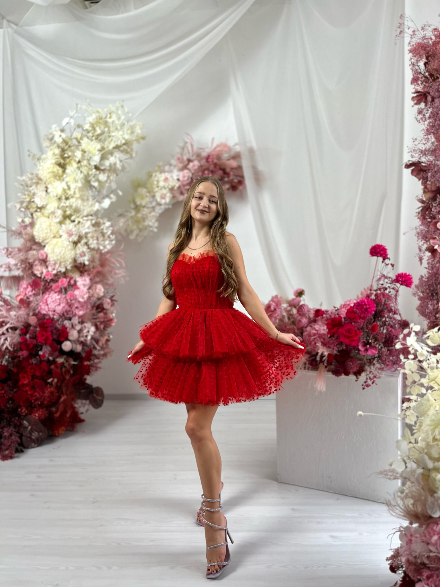 Evening Dress in Tulle with Heart Patterns
