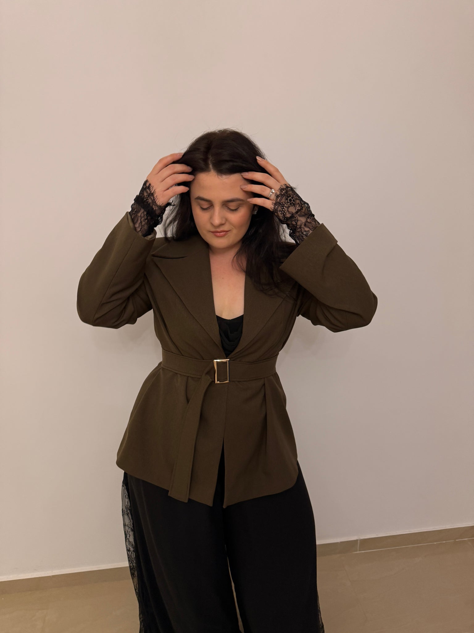 Kaki Blazer with Oversized Metallic Belt