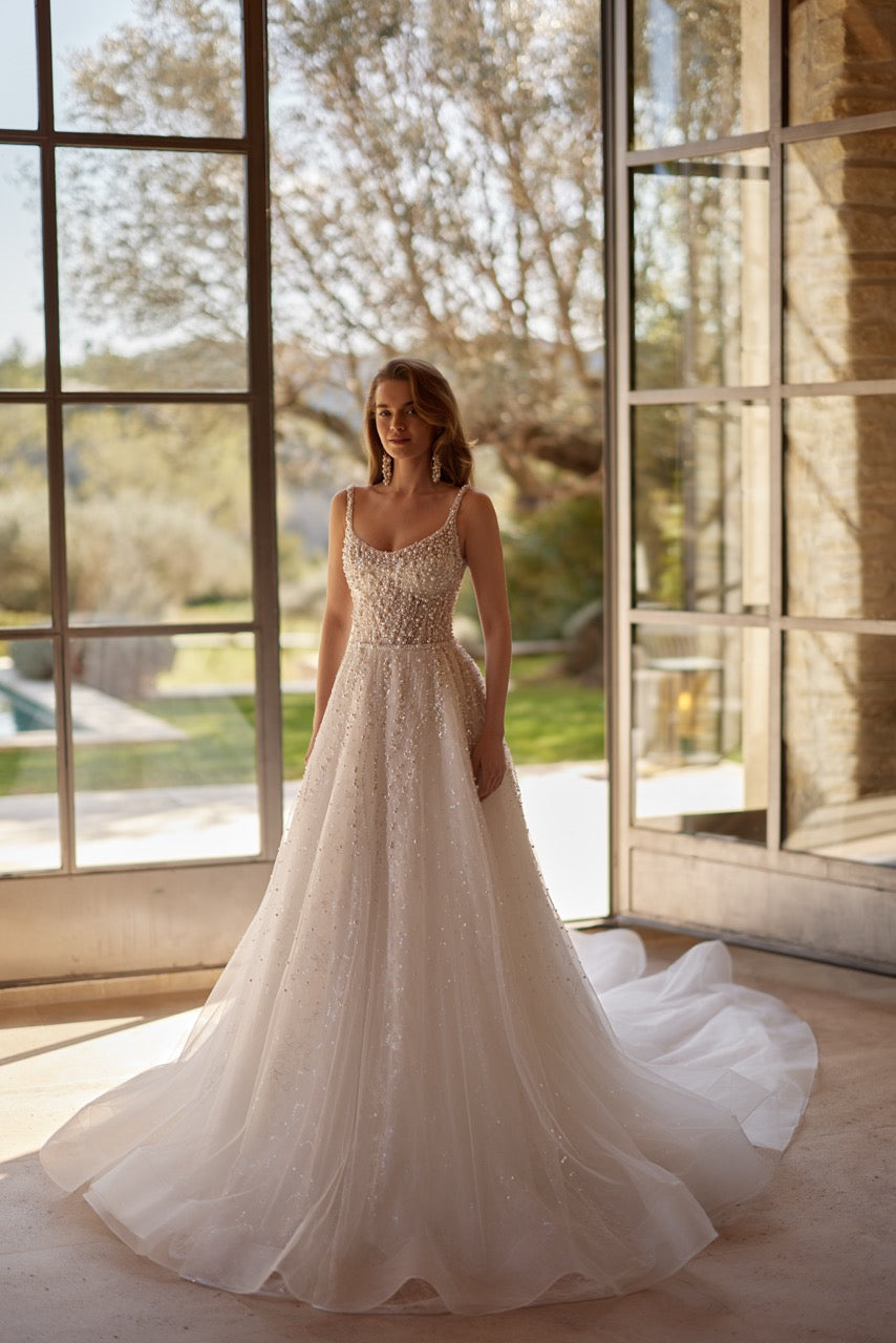 Sparkling Beaded A-Line Wedding Dress with Straps and Train