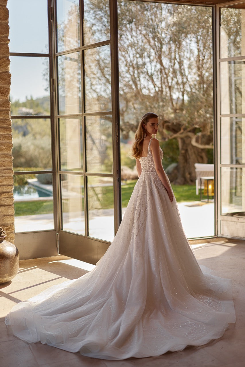 Sparkling Beaded A-Line Wedding Dress with Straps and Train