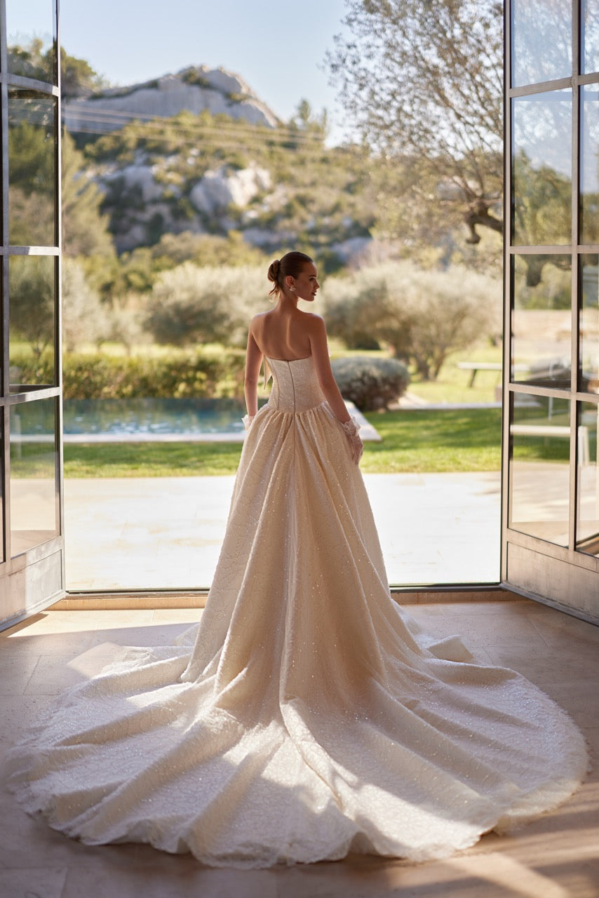 Strapless Beaded Ball Gown Wedding Dress with Bow Neckline
