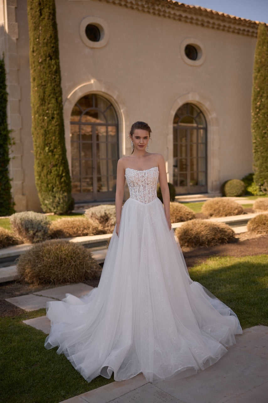 Strapless Floral Lace Ball Gown Wedding Dress with Corset Bodice