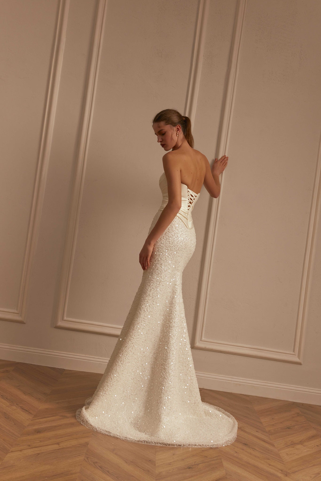 Mermaid Wedding Dress with Pearls, Corset with Pleats
