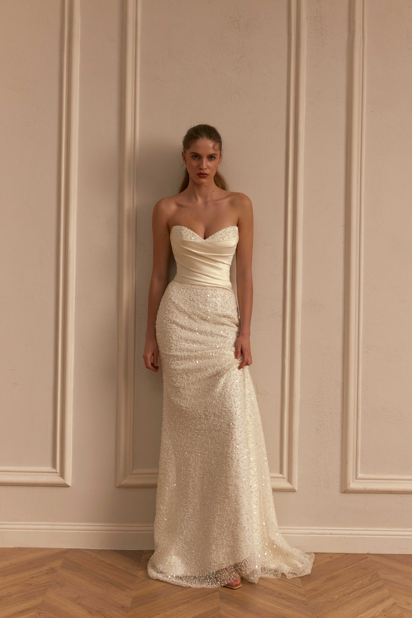 Mermaid Wedding Dress with Pearls, Corset with Pleats