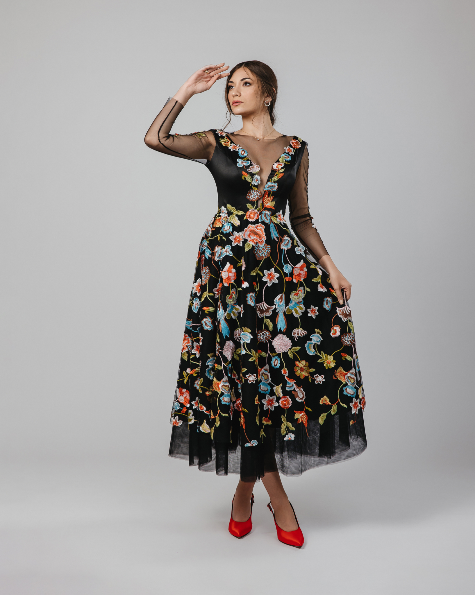 Midi Dress with Floral Embroidery on Black Tulle