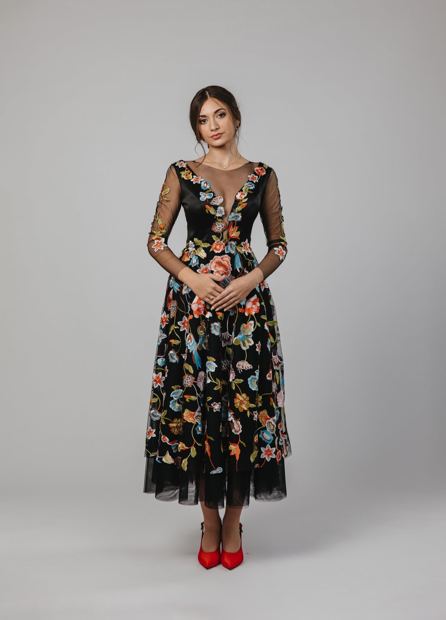 Midi Dress with Floral Embroidery on Black Tulle