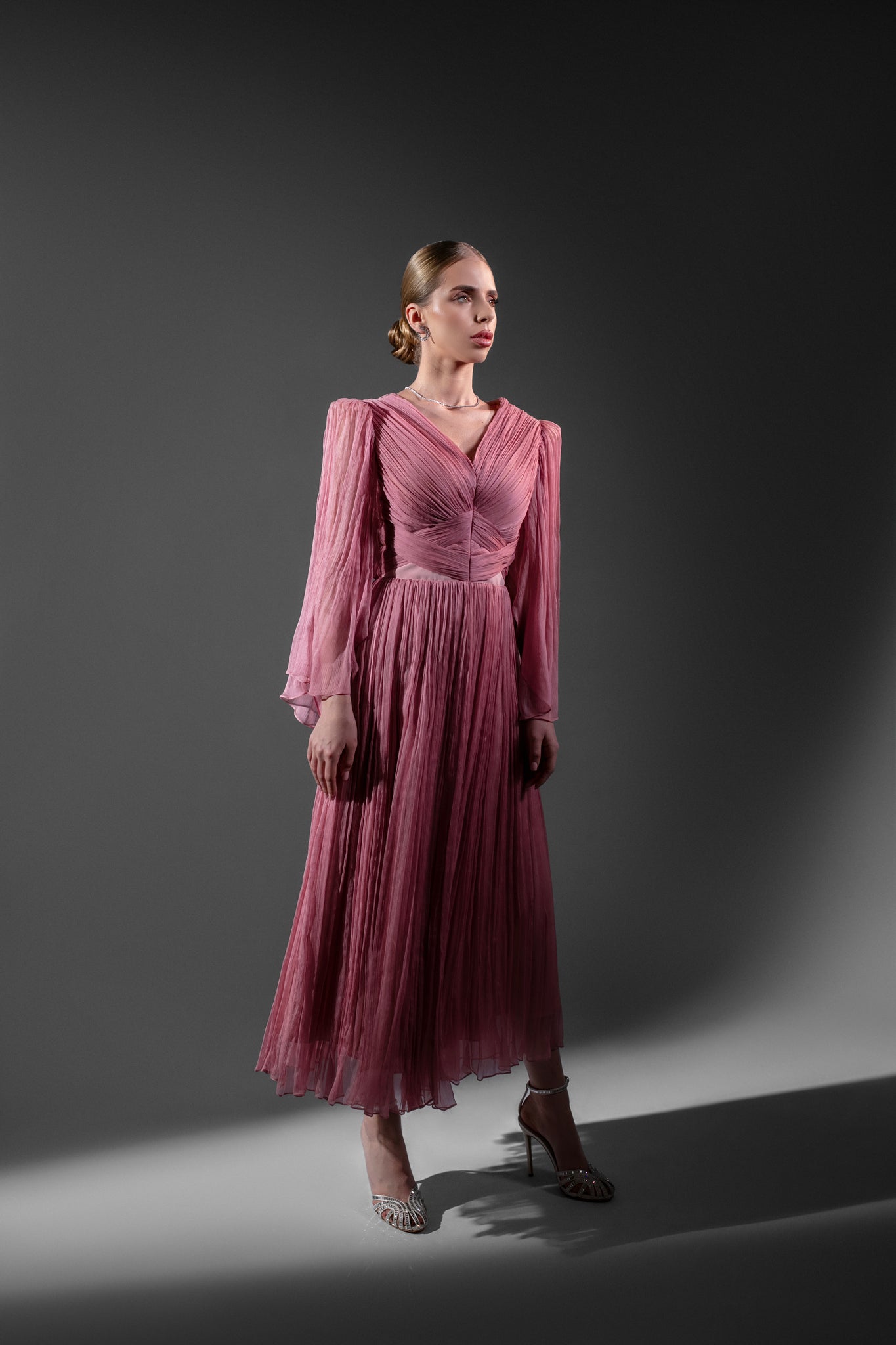 Midi Evening Dress in Powder Pink Natural Silk