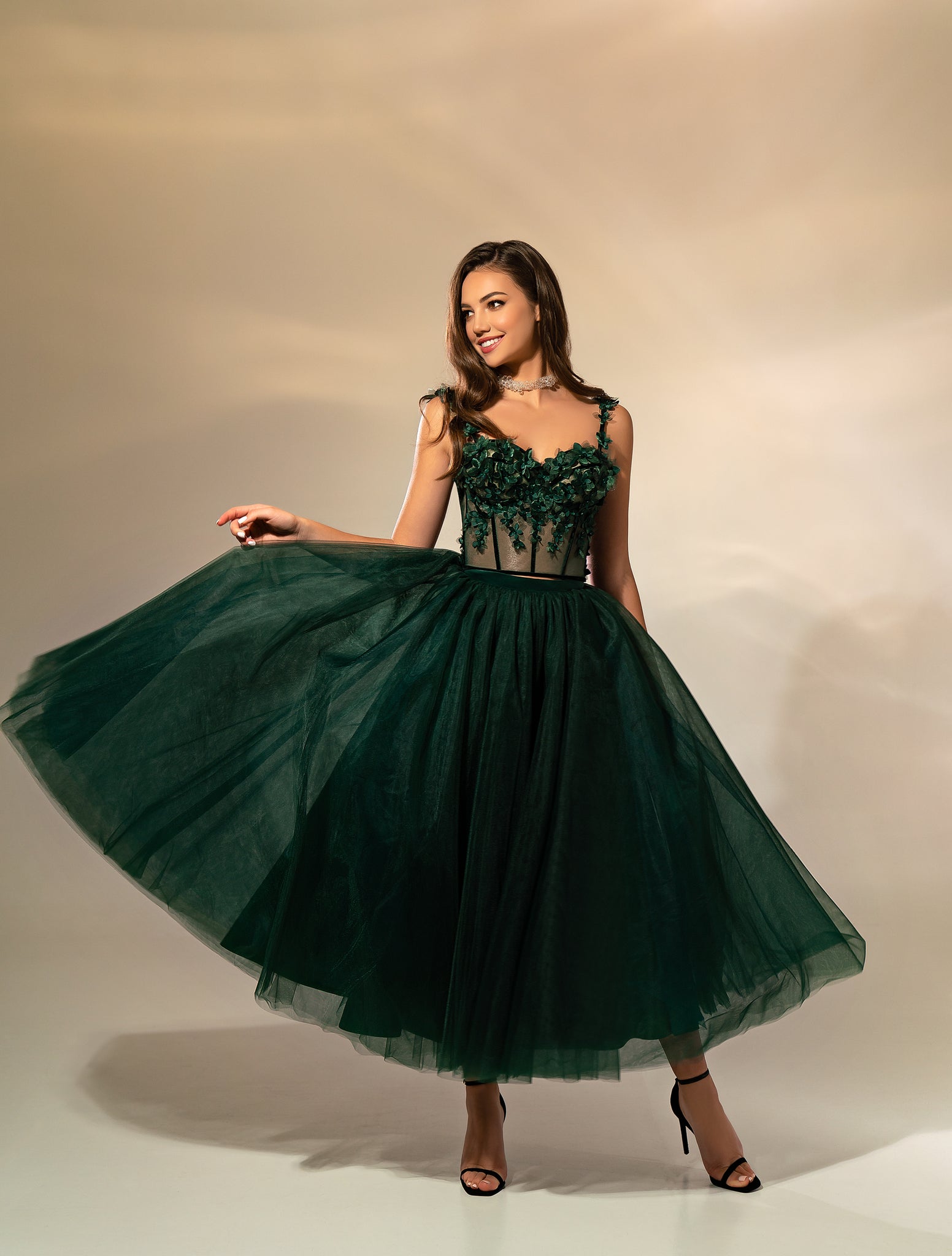Midi Evening Dress in Tulle with Applied Flowers