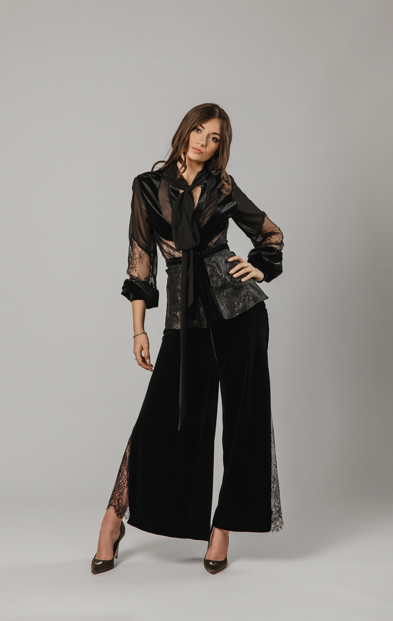 Midi Velvet Pants with Side Chantilly Lace Inserts
