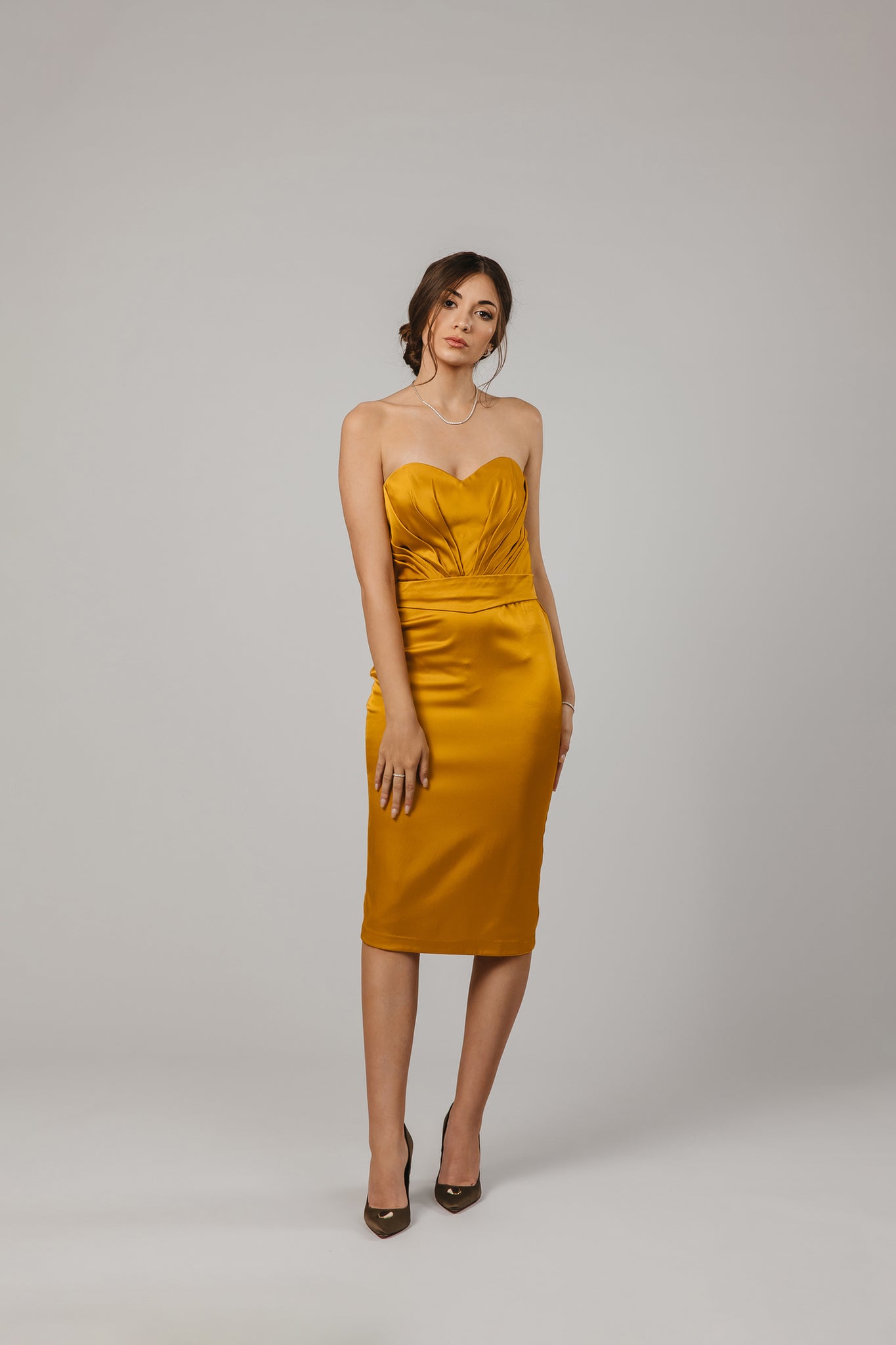 Mustard Satin Midi Pencil Dress