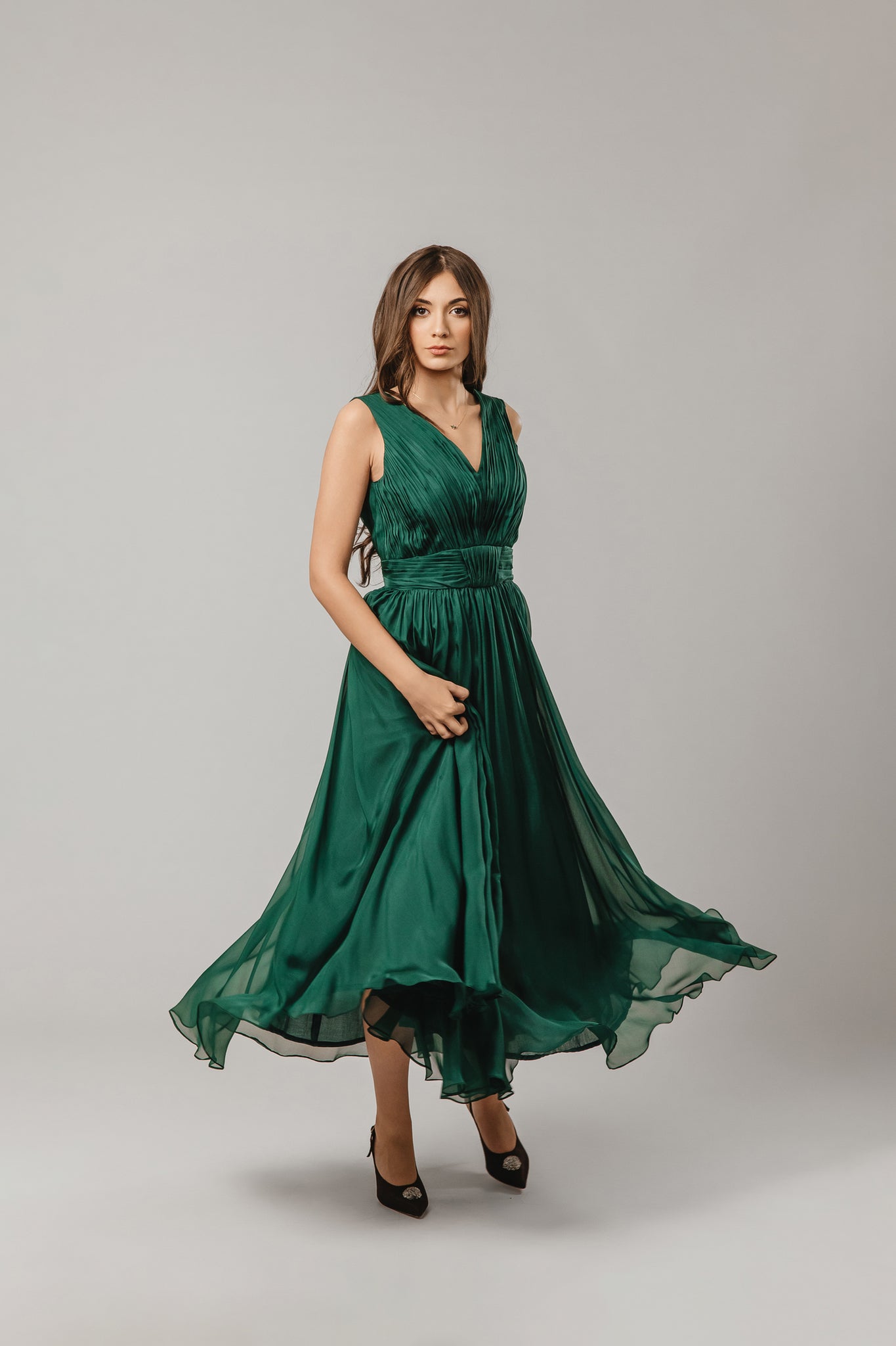 Natural Silk Evening Dress in Emerald Green