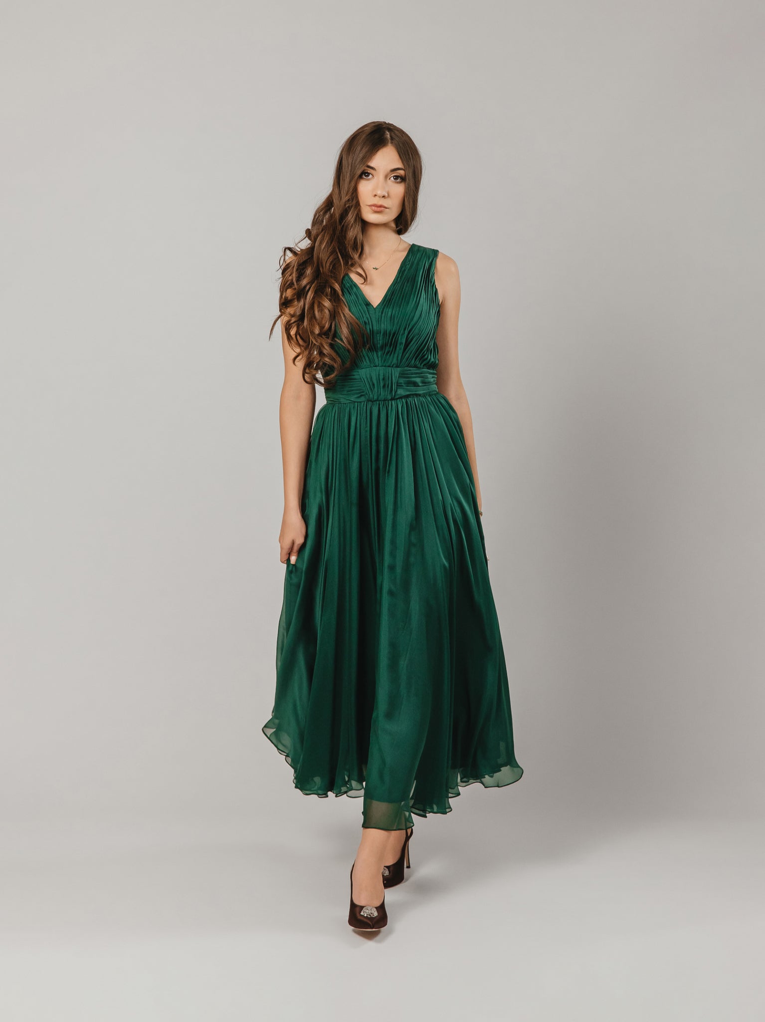 Natural Silk Evening Dress in Emerald Green