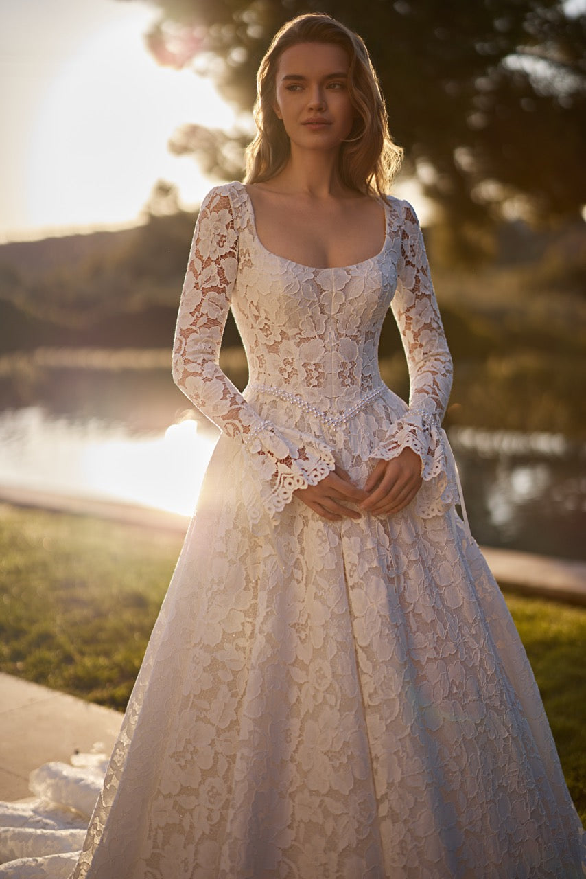 Primrose Floral Lace A-Line Wedding Dress with Long Sleeves and Square Neckline
