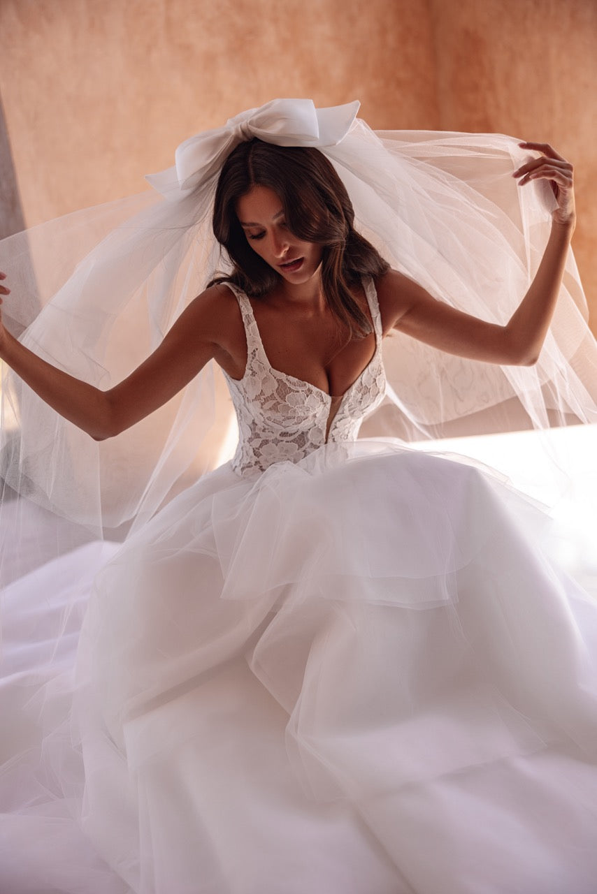 High-Neck Lace Ball Gown Wedding Dress with Bodice and Long Sleeves