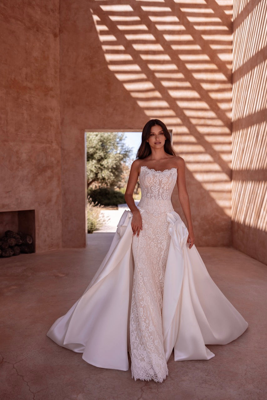 Strapless Lace Mermaid Wedding Dress with Detachable Satin Overskirt