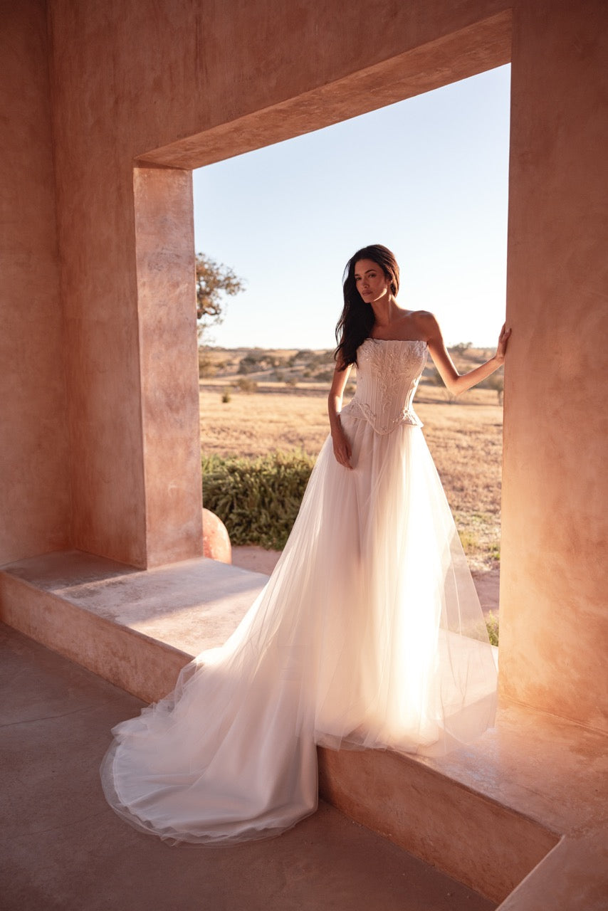 Strapless Beaded Corset A-Line Wedding Dress with Flowing Tulle Skirt