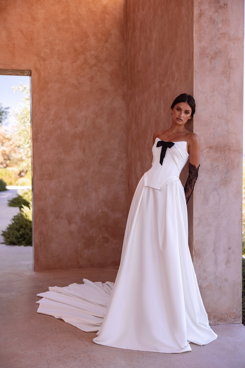 Strapless Ball Gown Wedding Dress with Black Bow and Corset
