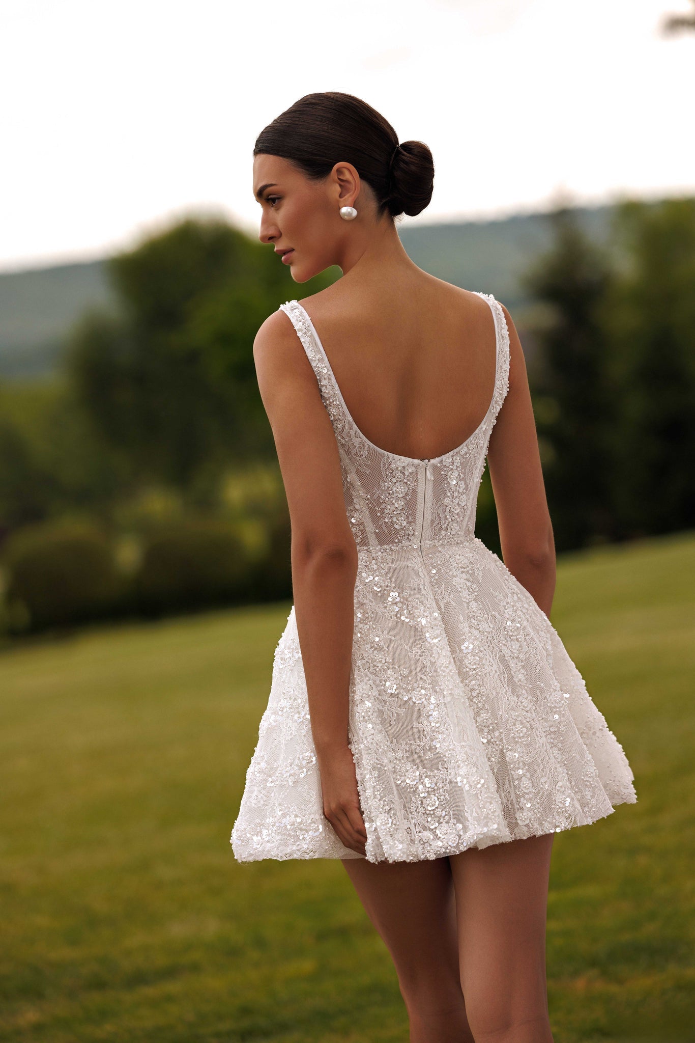SHORT CIVIL CEREMONY WEDDING DRESS WITH MODERN STRAPS AND CORSET
