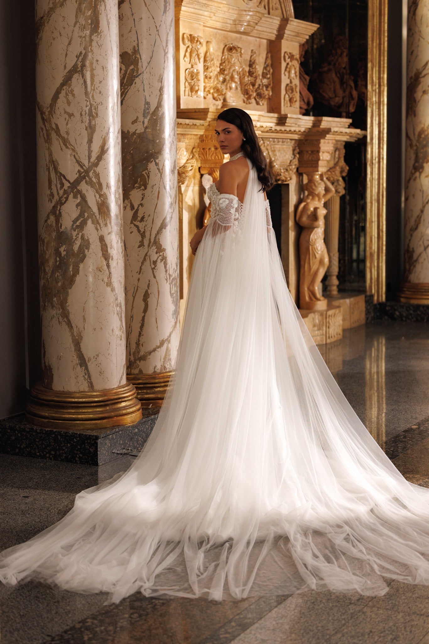 SIRENA WEDDING DRESS WITH TULLE APPLICATIONS AND EMBROIDERY