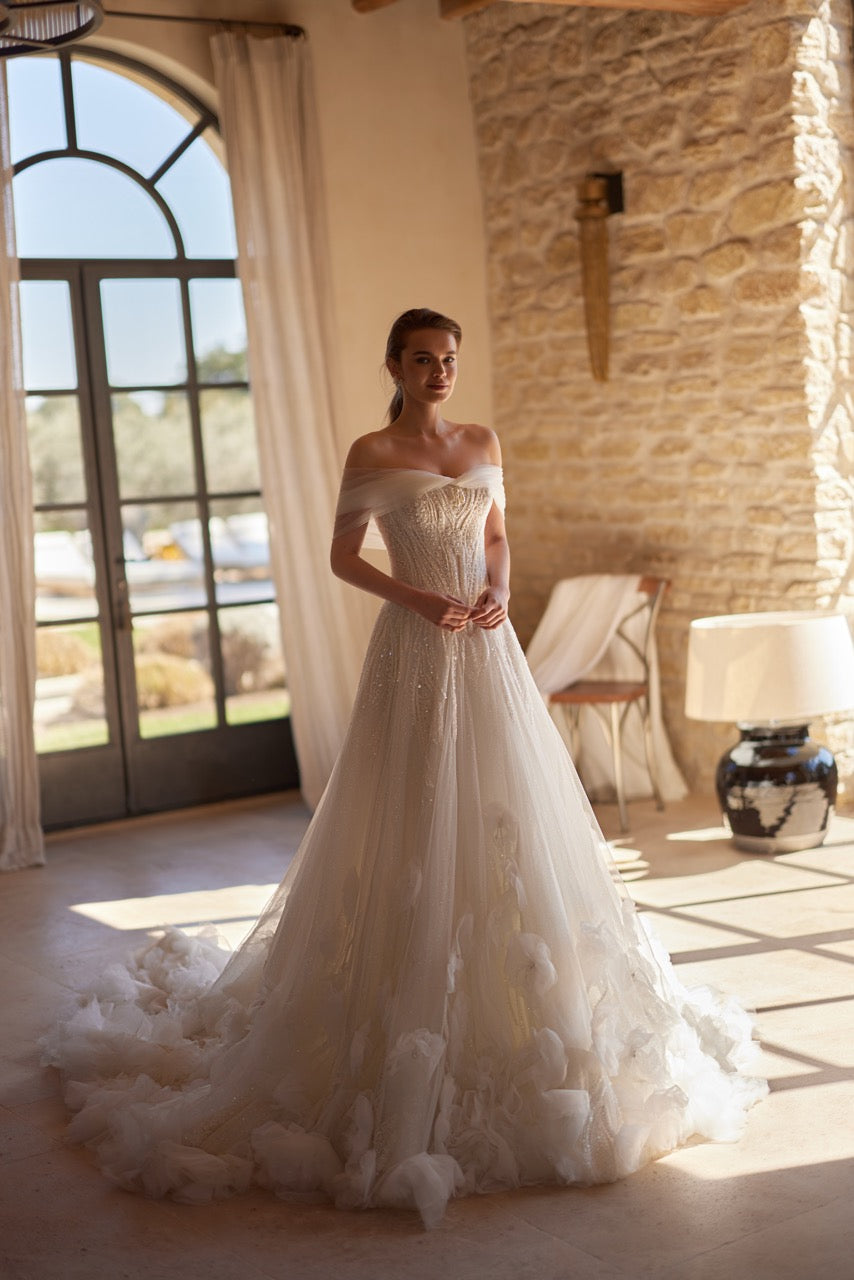 Off-Shoulder Sparkling A-Line Wedding Dress with Floral Train