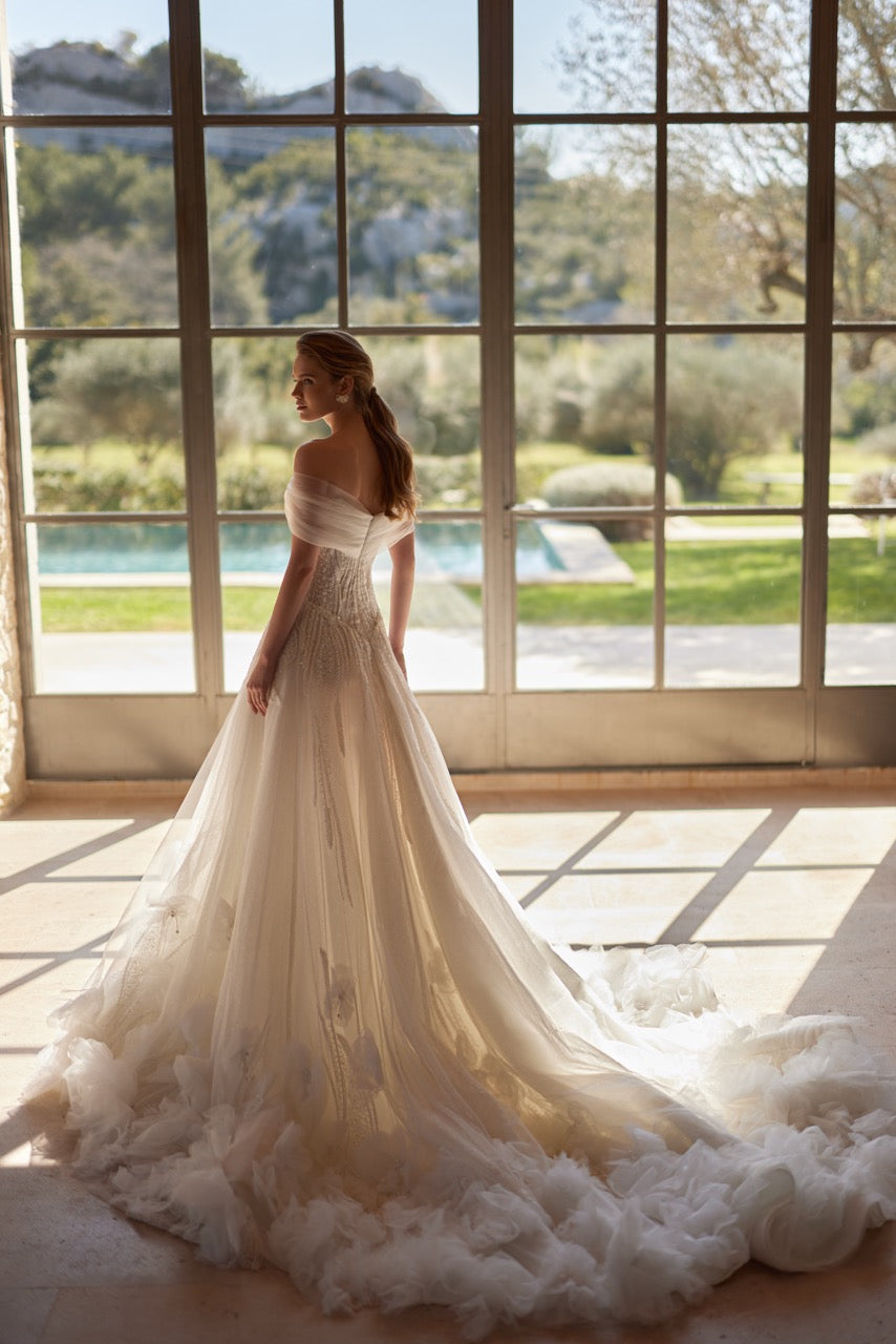 Off-Shoulder Sparkling A-Line Wedding Dress with Floral Train