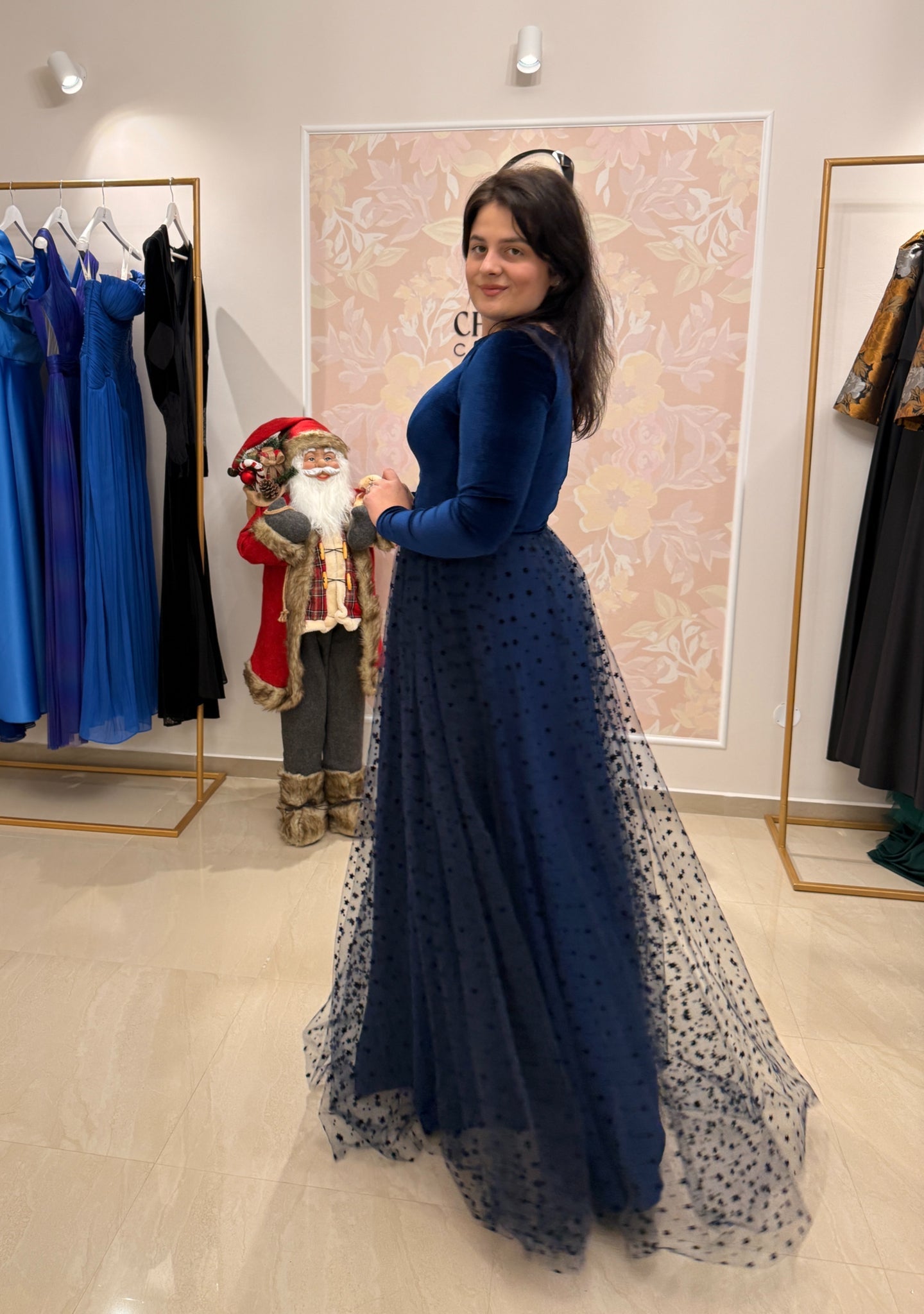 Velvet Dress with Tulle Skirt and Appliqués