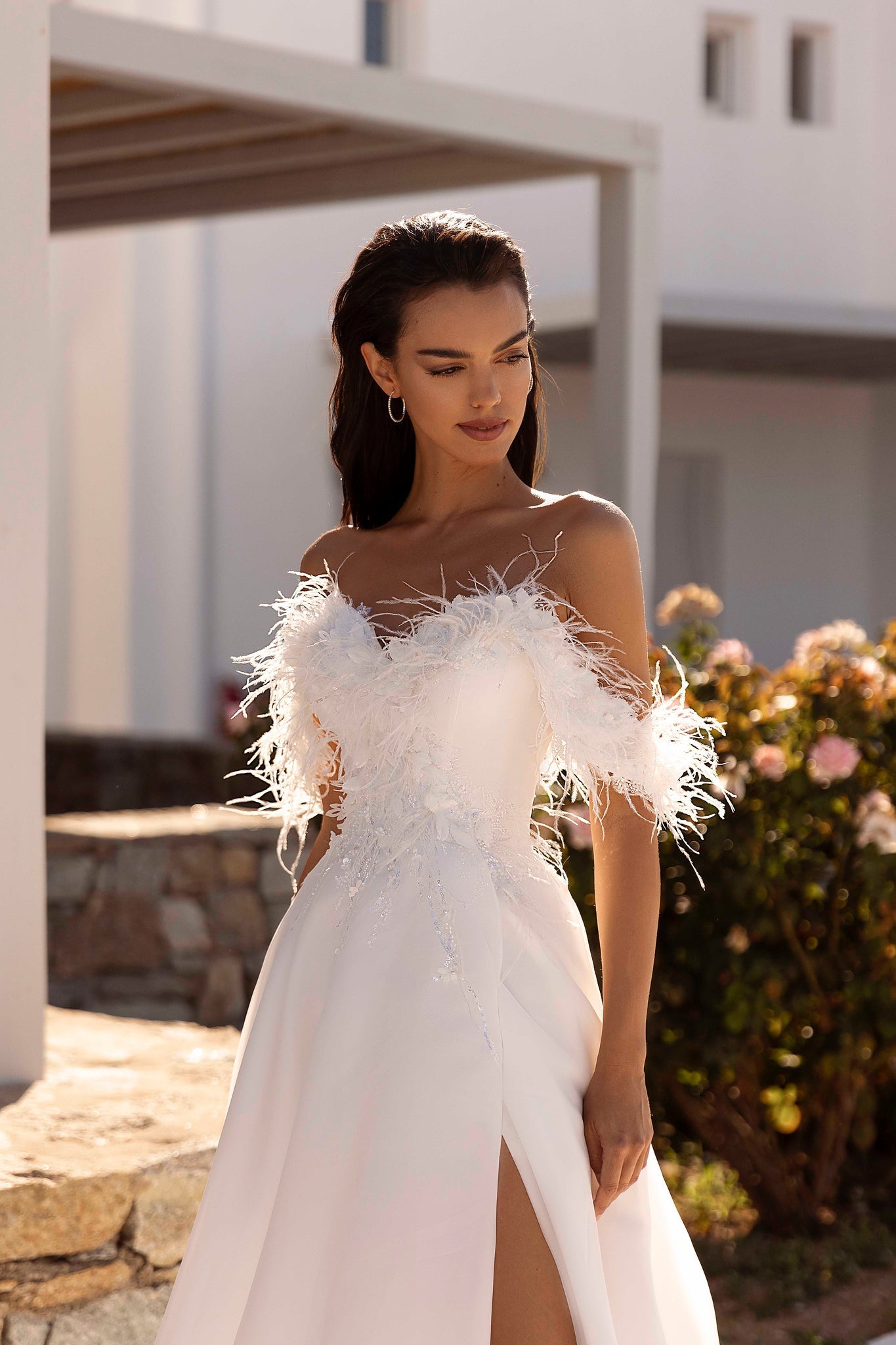 Wedding Dress in Organza with Feathers