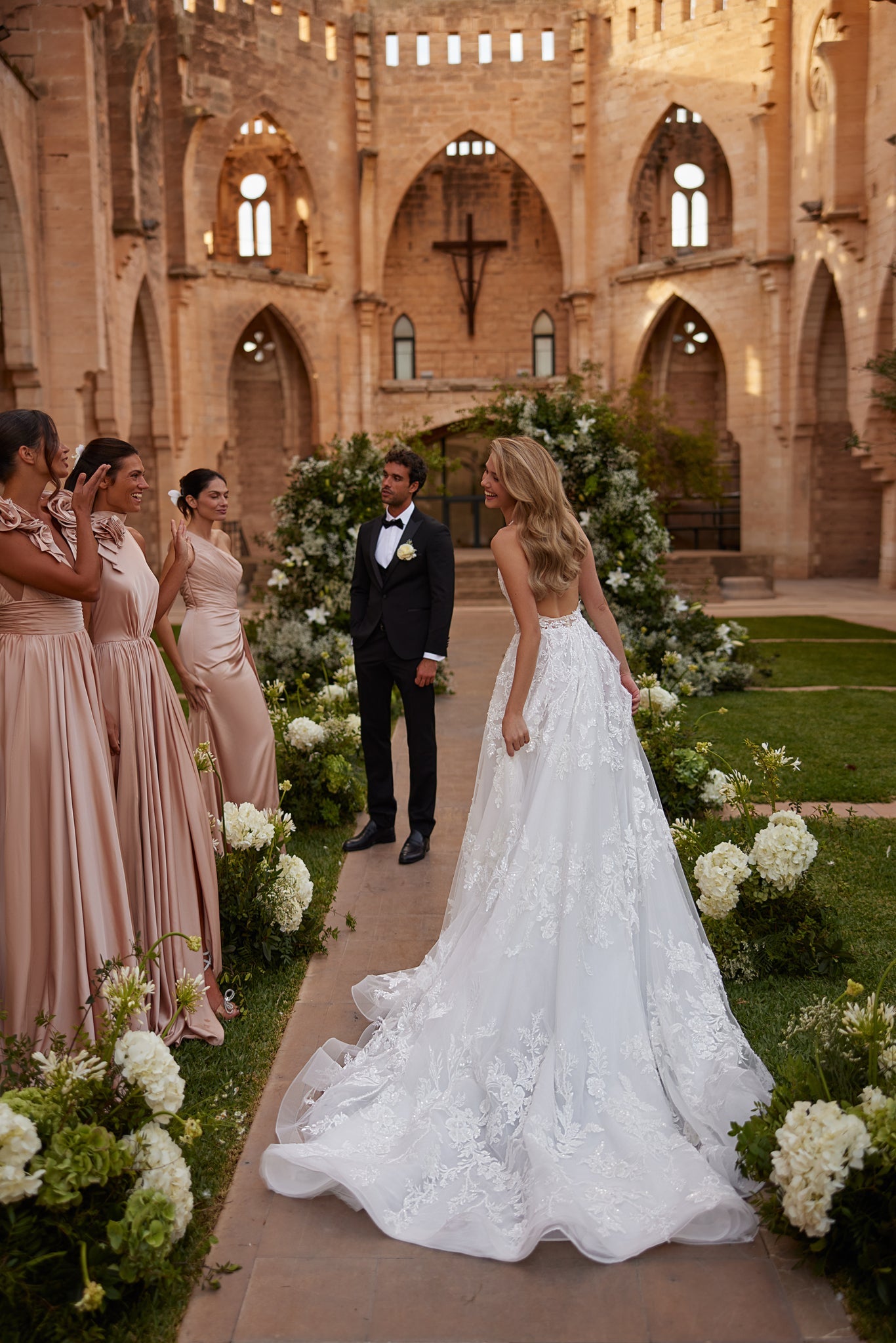 Wedding Dress with Deep Neckline and Transparent Back