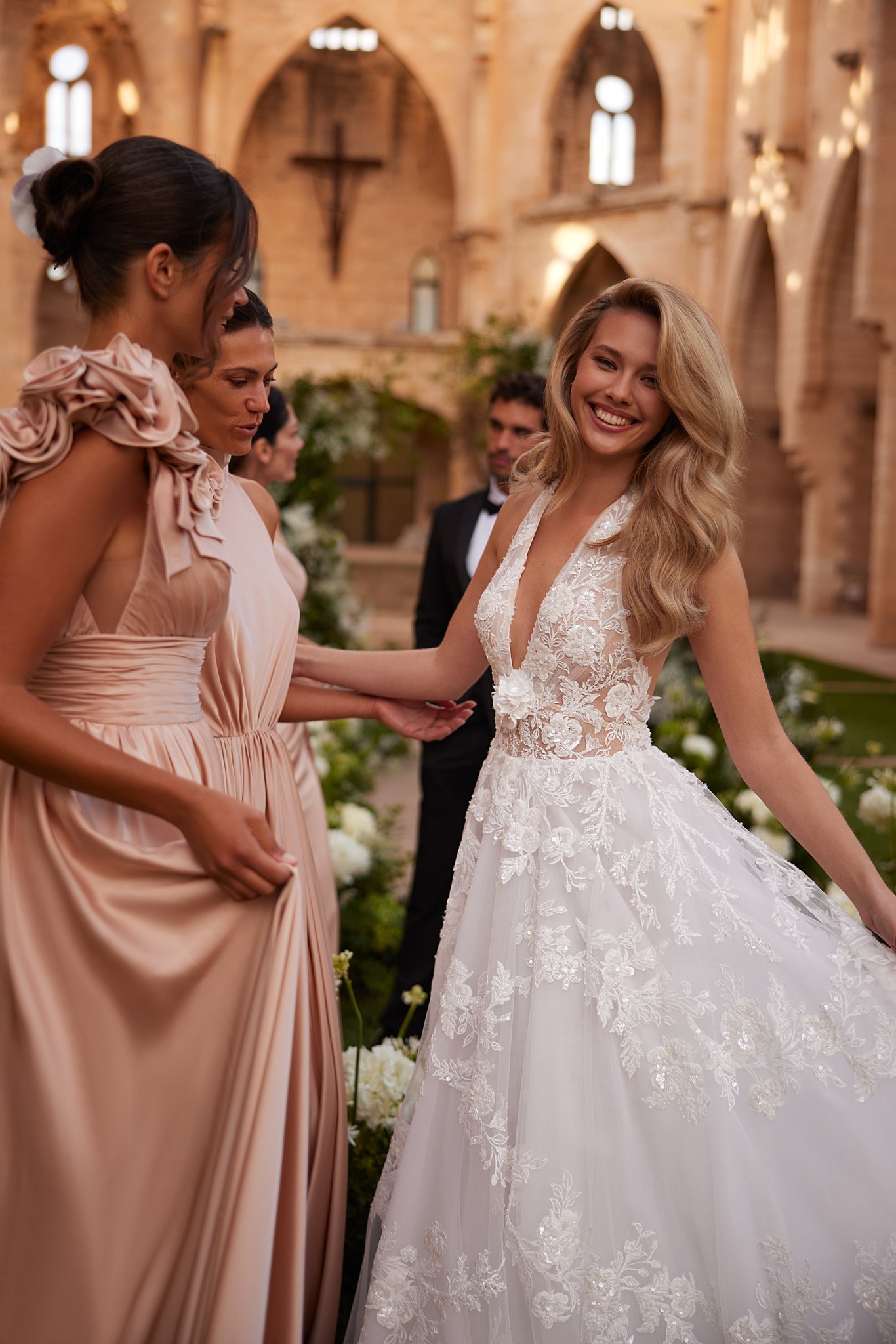 Wedding Dress with Deep Neckline and Transparent Back