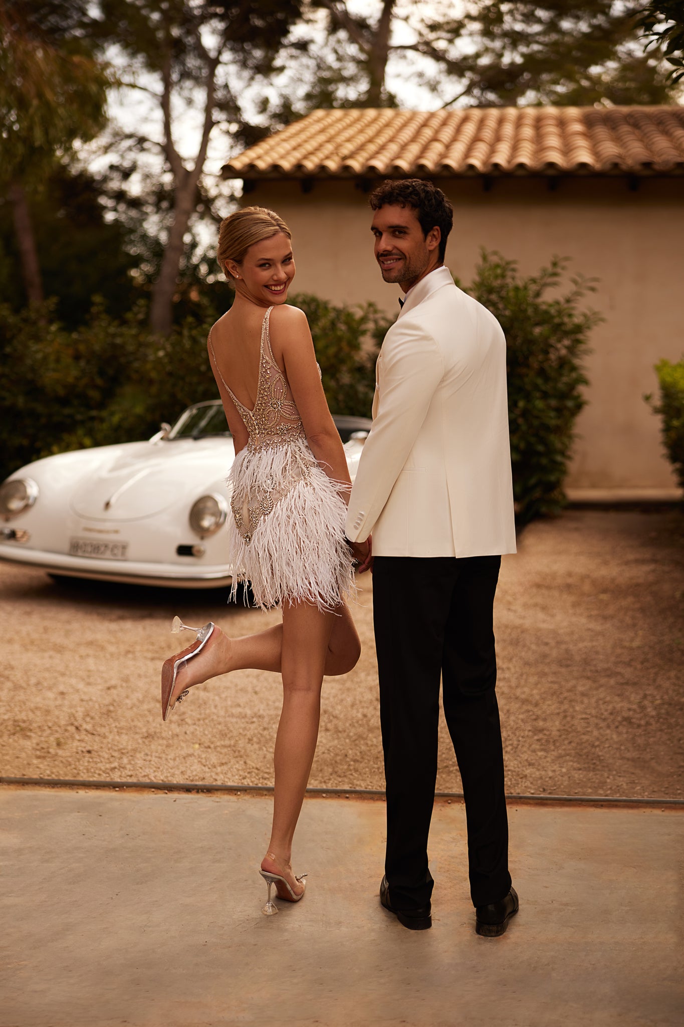 Wedding Dress with Feathers and Pearls