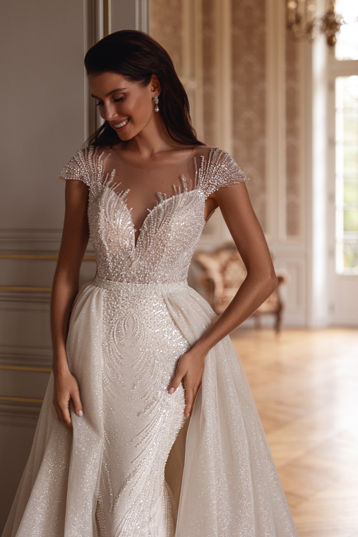Wedding Dress with Pearls and Optional Train