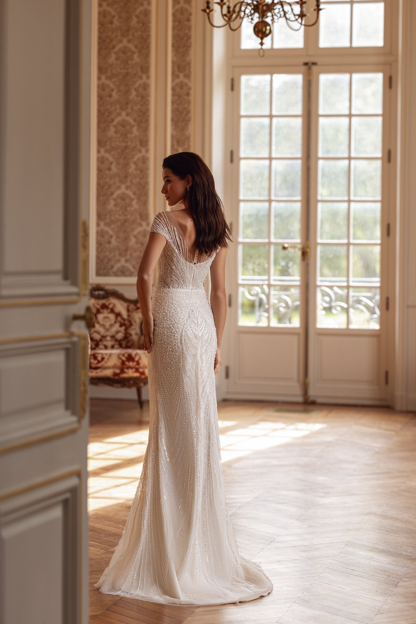 Wedding Dress with Pearls and Optional Train