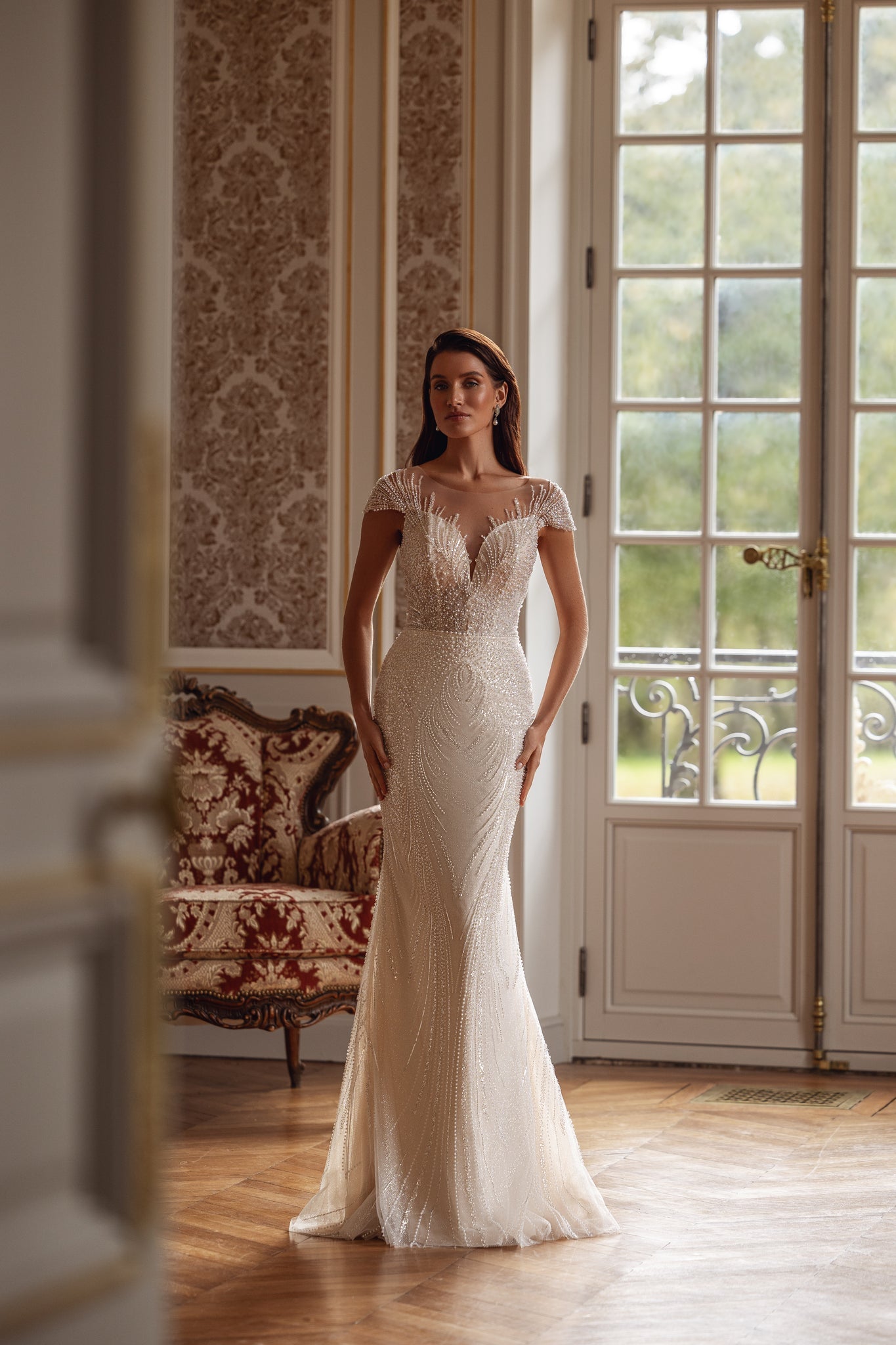 Wedding Dress with Pearls and Optional Train