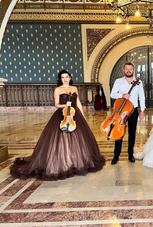 Four musicians in formal attire holding string instruments in a grand hall.