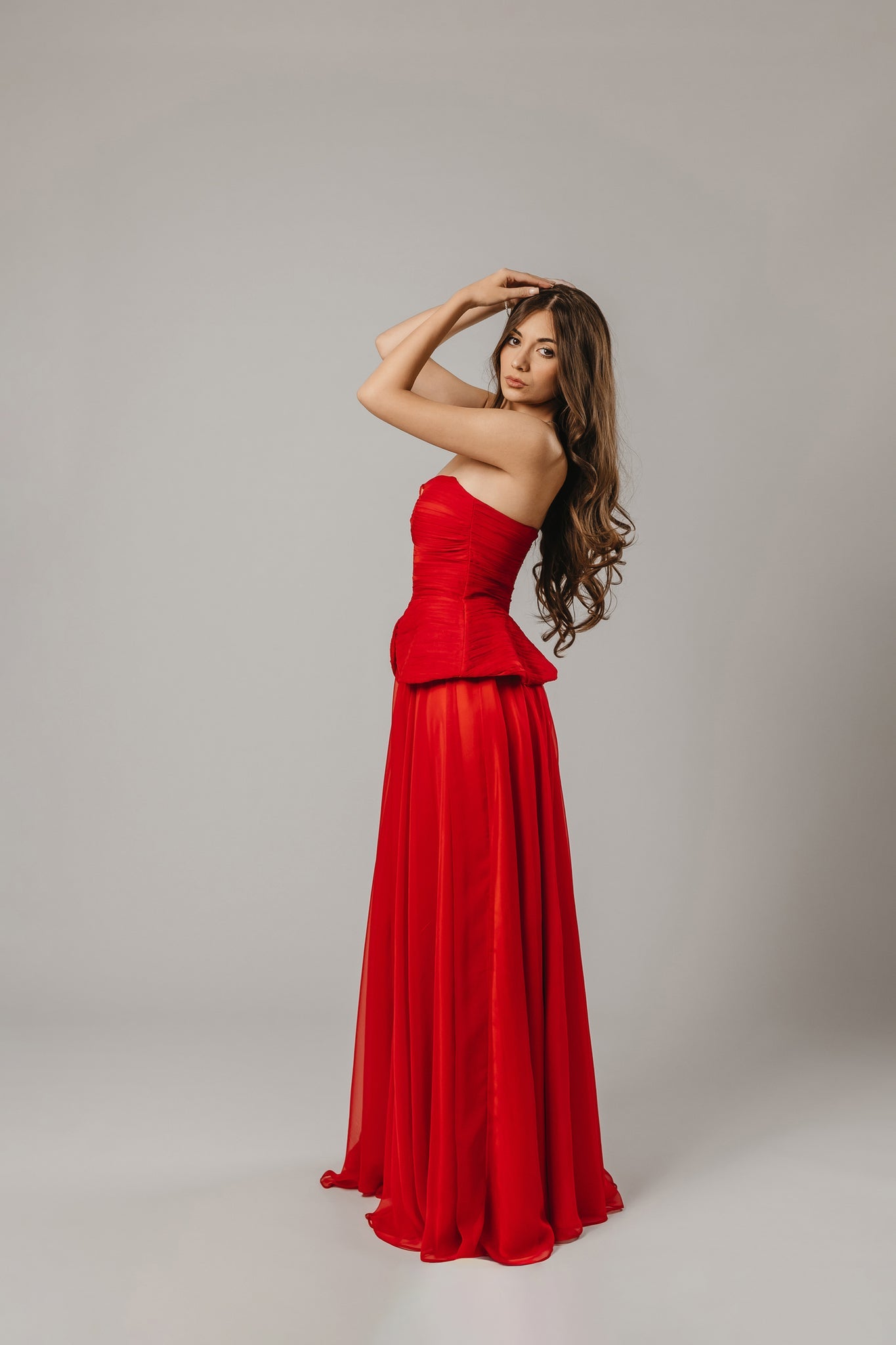 2-Piece Evening Set with Corset and Red Silk Chiffon Skirt