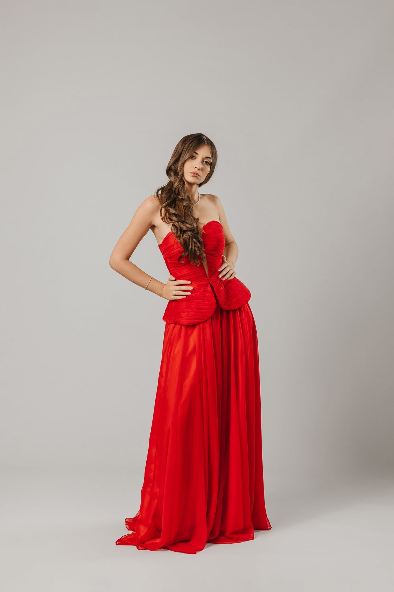 2-Piece Evening Set with Corset and Red Silk Chiffon Skirt