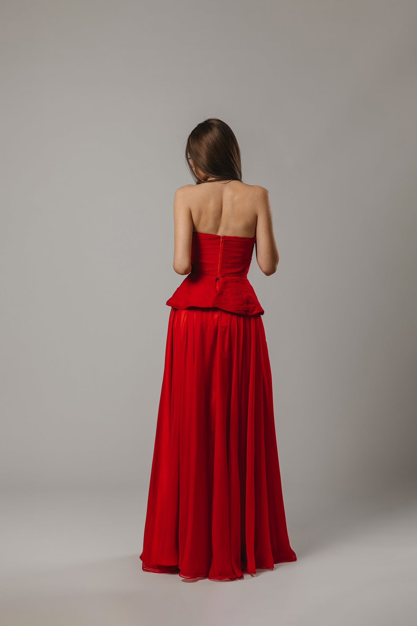 2-Piece Evening Set with Corset and Red Silk Chiffon Skirt