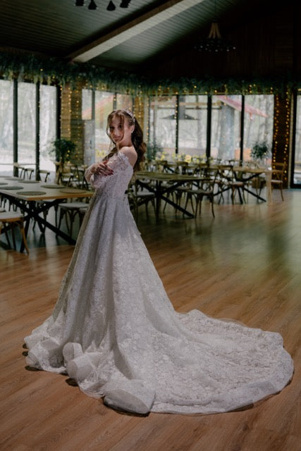 Off-Shoulder Macramé Lace A-Line Wedding Dress with Long Sleeves
