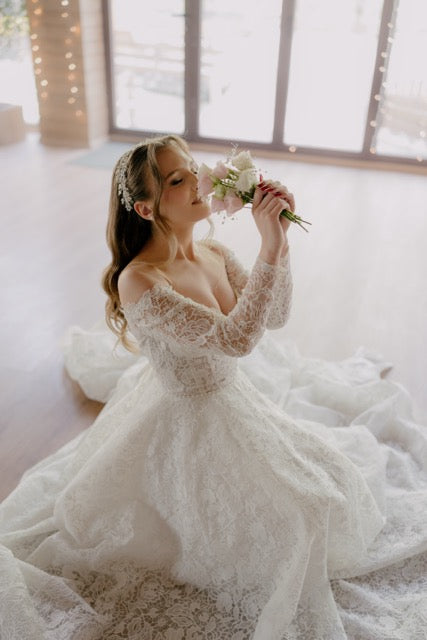Off-Shoulder Macramé Lace A-Line Wedding Dress with Long Sleeves