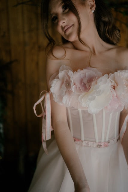 Romantic Blush Tulle Wedding Dress with Floral Bodice