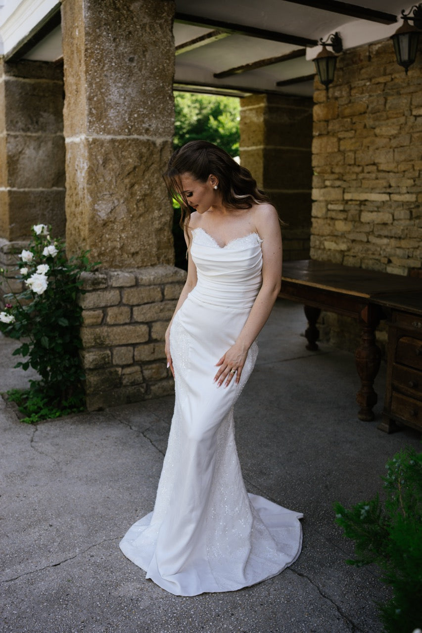 Strapless Satin Mermaid Wedding Dress with Draped Cowl Neckline and Beaded Lace Details