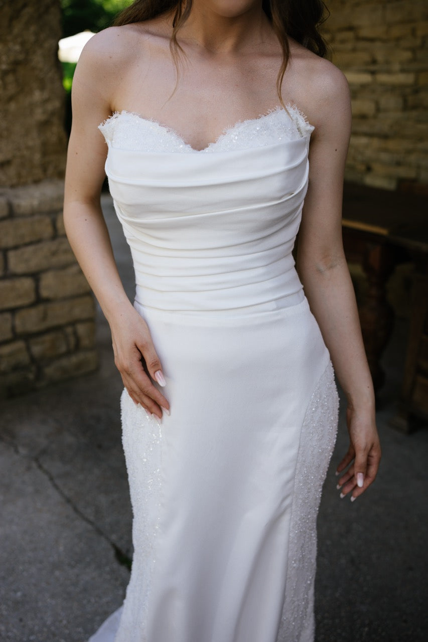 Strapless Satin Mermaid Wedding Dress with Draped Cowl Neckline and Beaded Lace Details