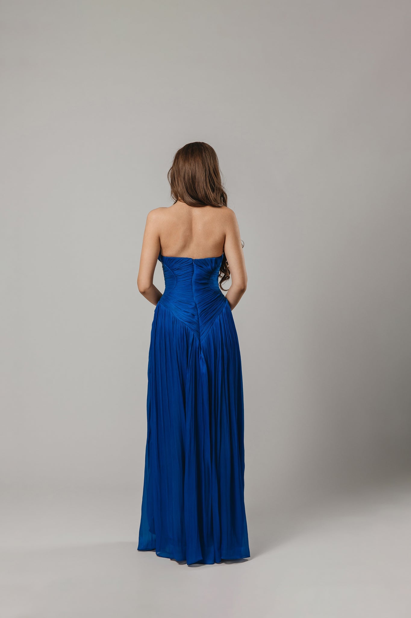 Blue Evening Dress with Draped Corset and Coated Finish