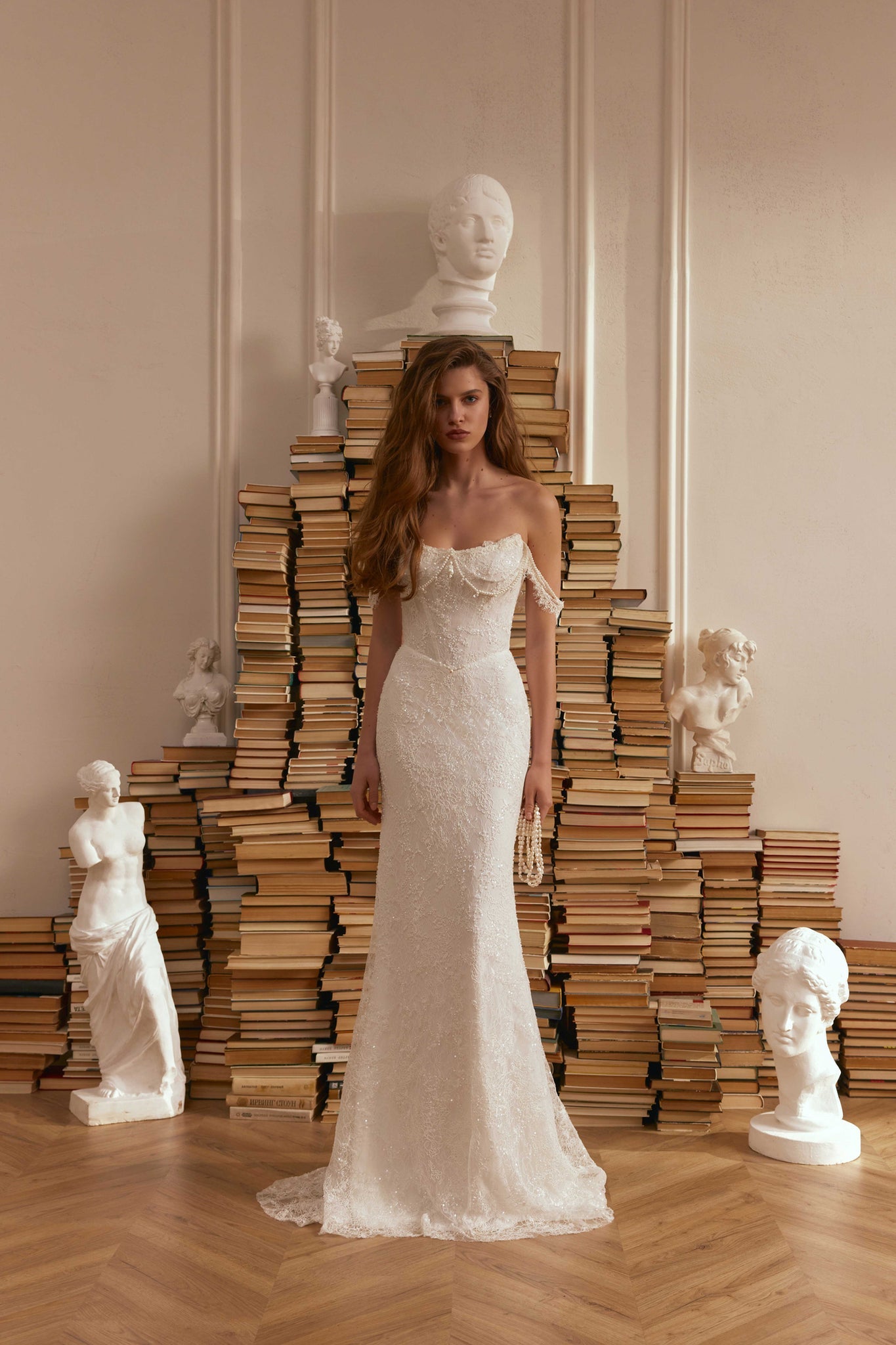 Chantilly Lace Wedding Dress with Pearl Strands and Corset